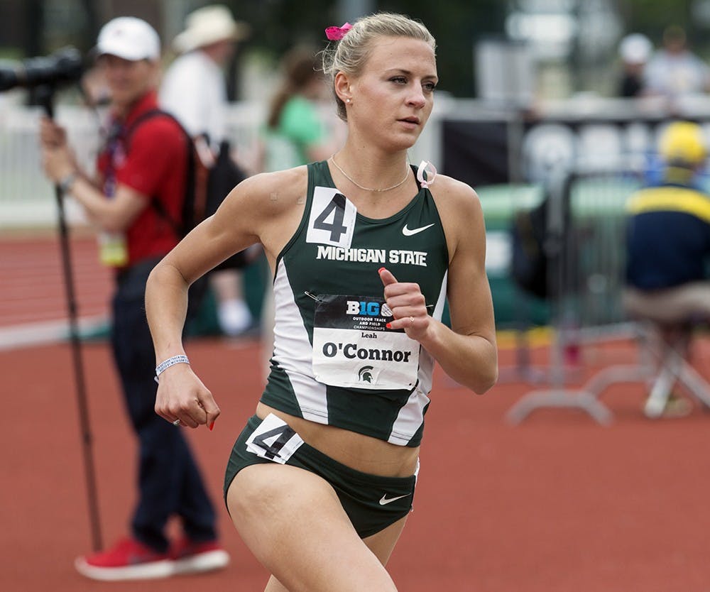 <p>Senior Leah O'Connor takes the lead in the women's 1,500 meter preliminary race at the Big Ten Conference Championships May 16 at Ralph Young Field. Photo: Wyatt Giangrande</p>