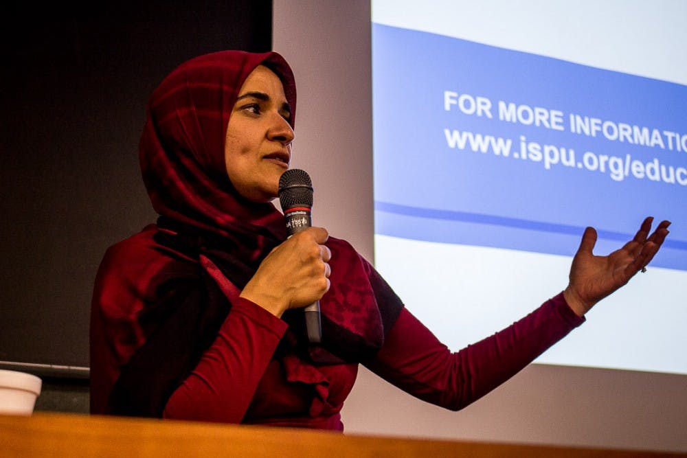 <p>Dalia Mogahed speaks to MSU students and faculty about Muslims and US politics on Oct. 1, 2018 at the International Center.&nbsp;</p>