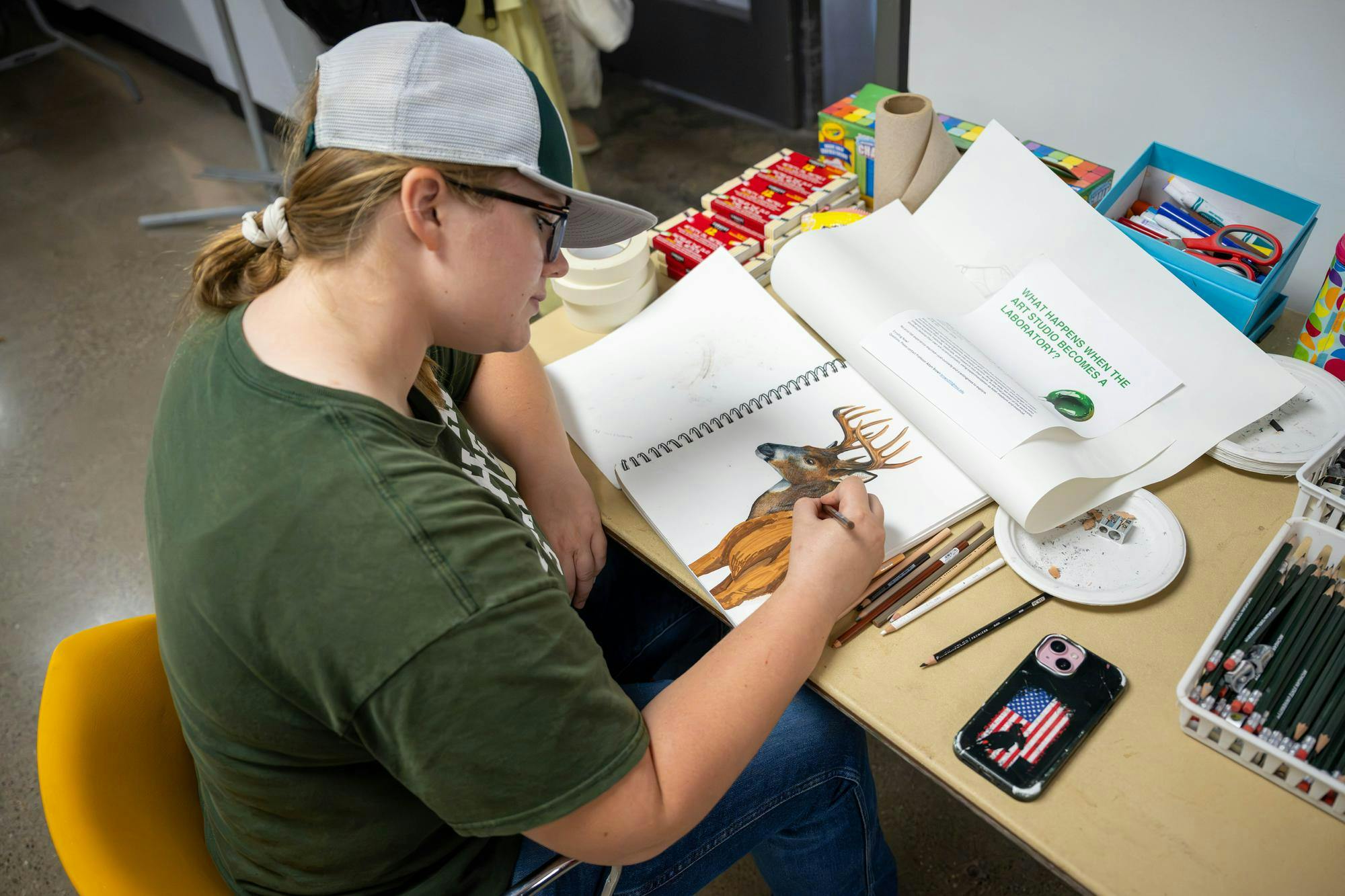 <p>Art education freshman, Jules Wells, draws a deer during the annual Drawing Marathon at Michigan State University’s Kresge Art Center in East Lansing, Mich., on Wednesday, Sept. 30, 2026.</p>