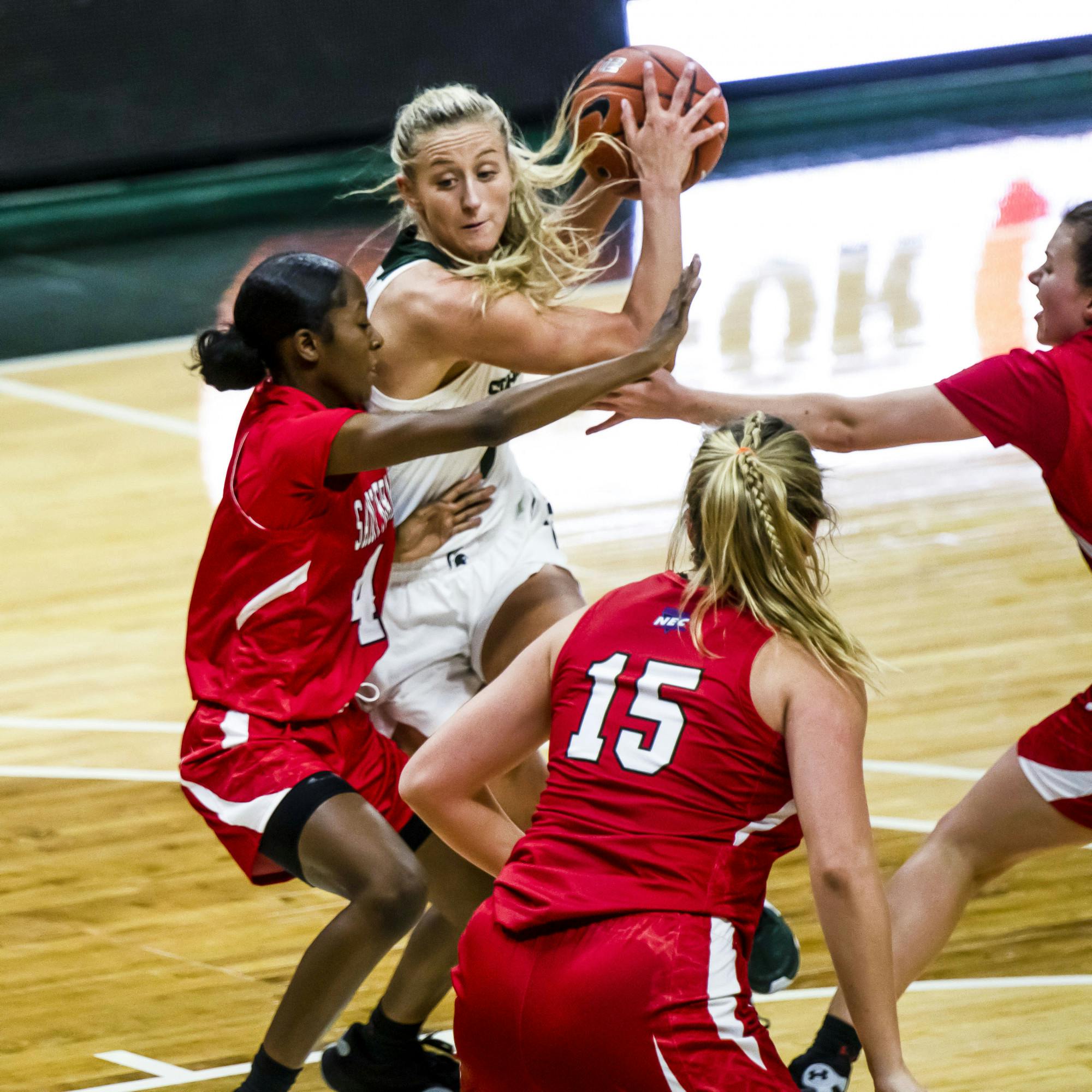 <p>St. Francis players defend against MSU&#x27;s Tory Ozment during both teams&#x27; first game of the women&#x27;s basketball season on Nov. 27, 2020. </p>