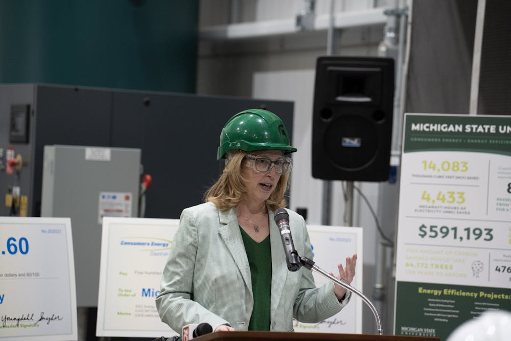 <p>Interim-President Teresa Woodruff speaks in MSU's Simon Power Plant at a media event on March 20th, 2023.</p>