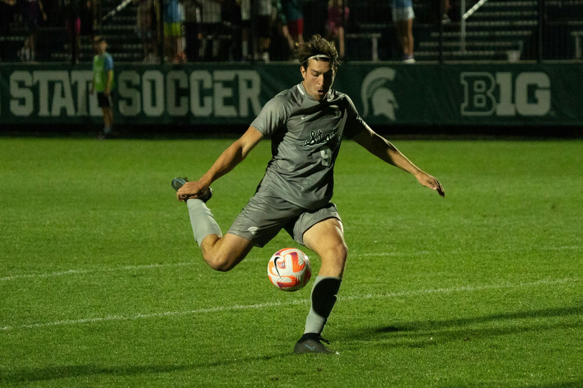 <p>Junior forward Greyson Mercer (9) kicks the ball. MSU fell to Western Michigan 1-0 on Sept. 1, 2022.</p>