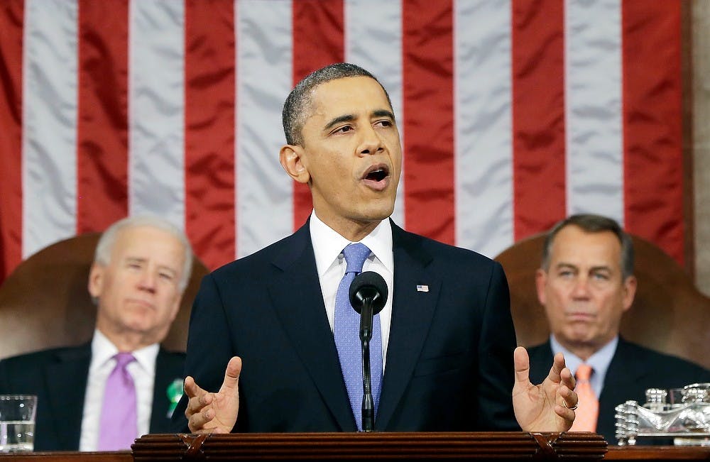 	<p>President Barack Obama, flanked by Vice President Joe Biden and House Speaker John Boehner of Ohio, gives his State of the Union address during a joint session of Congress on Capitol Hill in Washington, D.C., Tuesday, Feb. 12, 2013. Charles Dharapak/AP via Abaca Press/MCT</p>