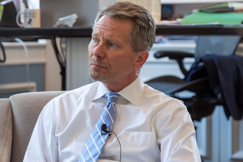 <p>Chancellor Kevin Guskiewicz spoke in an interview in his South Building office on Monday, April 24, 2023. Photo taken by Kennedy Cox and provided by The Daily Tar Heel.</p>
