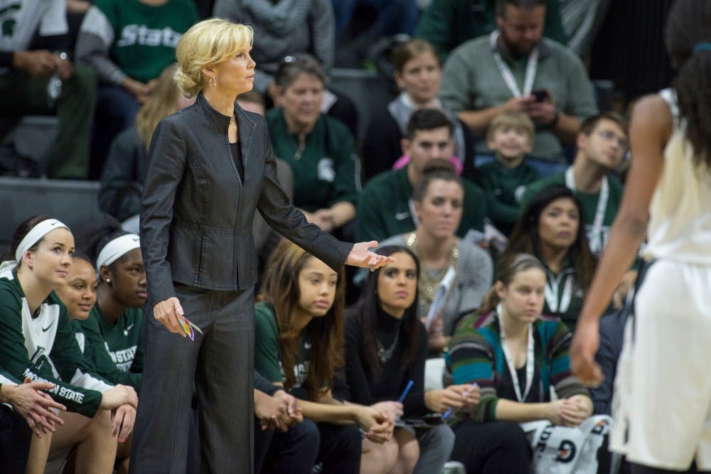 Head coach Suzy Merchant reacts to a play on Jan. 10, 2016 during the game against Northwestern at Breslin Center. The Spartans defeated the Wildcats, 74-51.