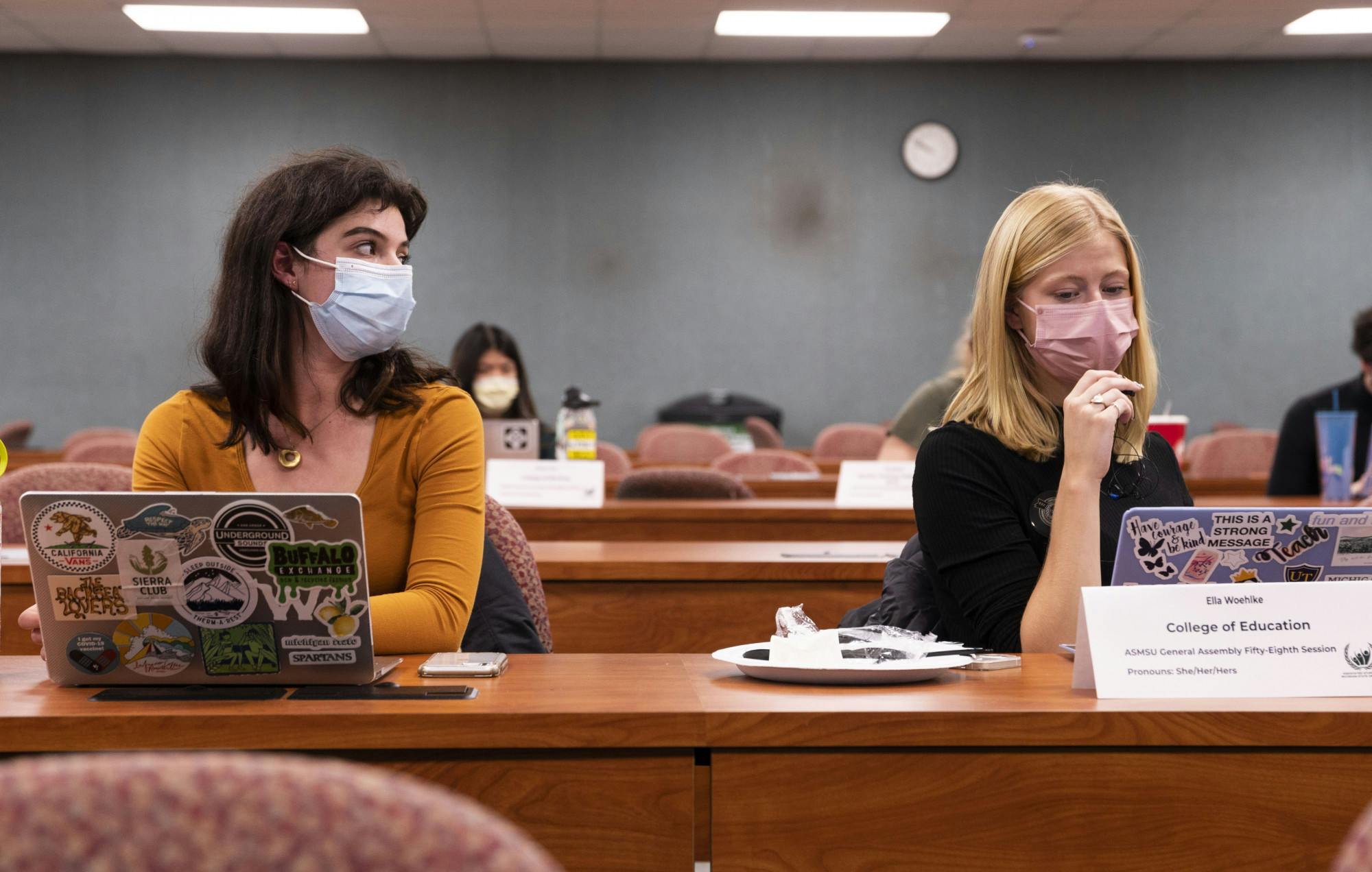 <p>College of Agricultural and Natural Resources Rep. Lauren Sawyer (left) introduced Bill-58-35 at the ASMSU meeting on Thursday, Nov. 18, 2021. The bill was seconded by College of Education Rep. Ella Woehlke (right).</p>