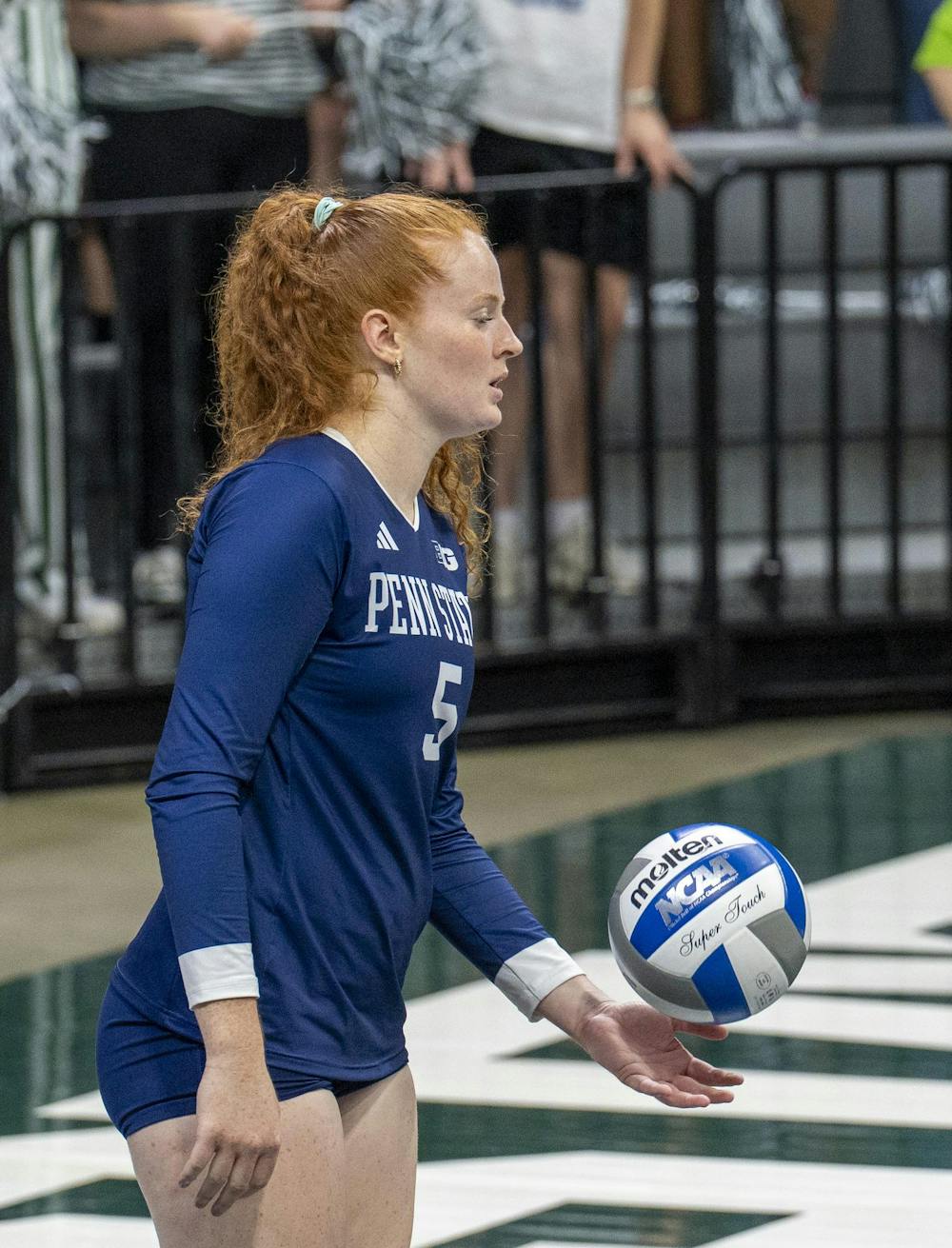 Penn State Senior, Alex Stuck #5 preares to serve at the Breslin Center during the MSU v Pennstate Volleyball game In East Lansing, MI on Sunday Sep. 27th, 2026