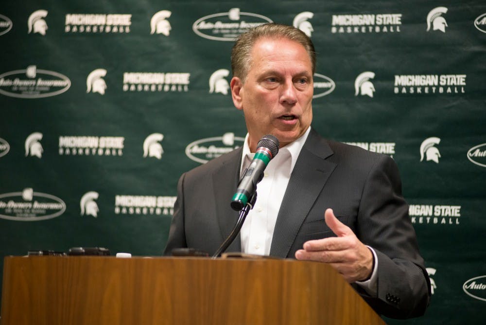 <p>Men's basketball head coach Tom Izzo speaks to media during men's basketball media day on Oct. 27, 2015 at Breslin Center.</p>