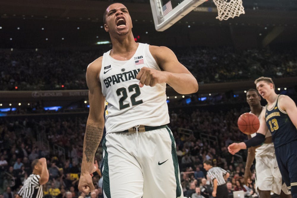 Sophomore wing Miles Bridges (22) expresses emotion during the second half of the 2018 Big Ten Men's Basketball semifinal game against Michigan on March 3, 2018 at Madison Square Garden in New York. The Spartans were defeated by the Wolverines, 75-64. (Nic Antaya | The State News)