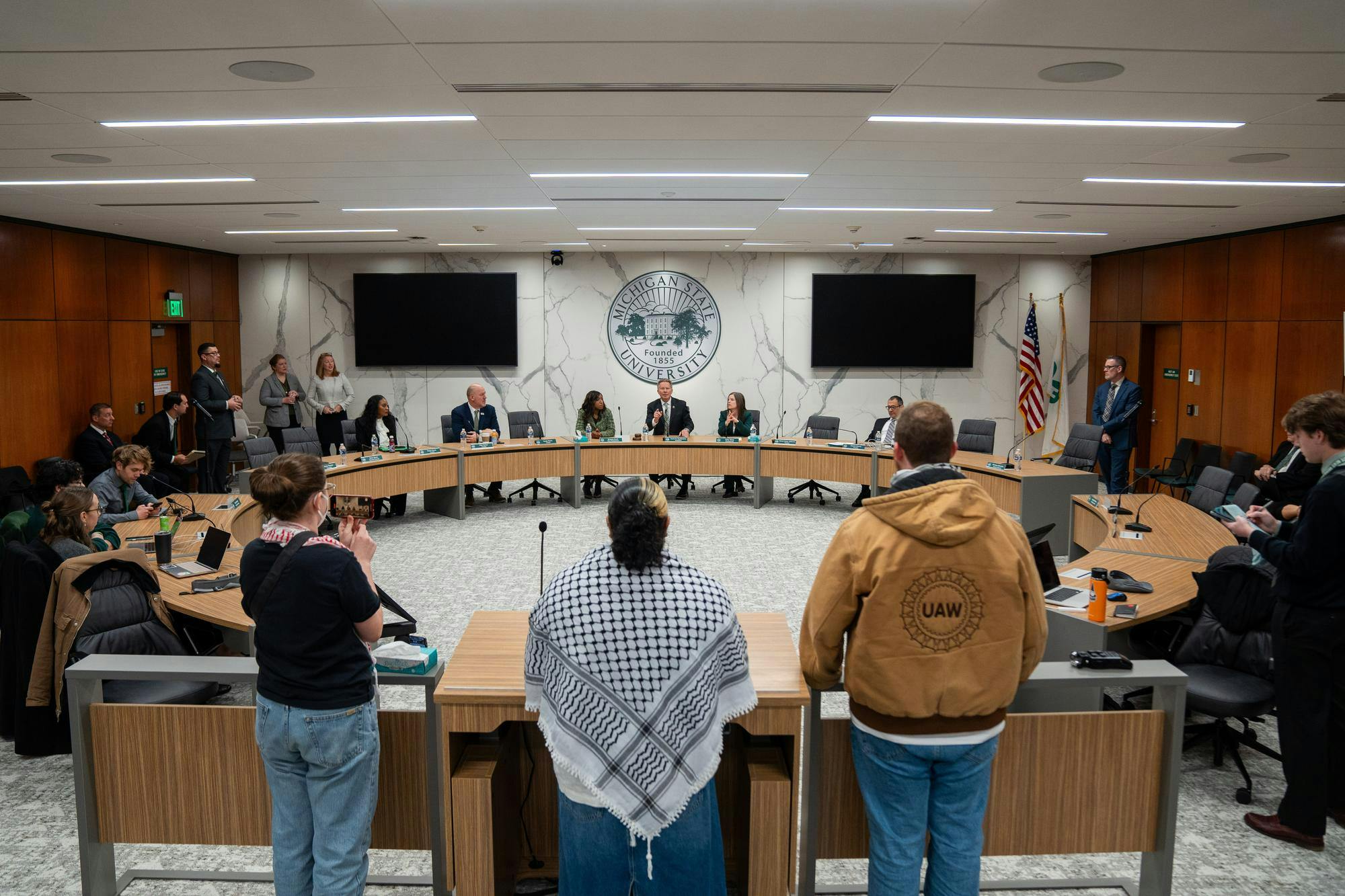 <p>Student demonstrators engage in a back and forth discussion with MSU President Kevin Guskiewicz and the board of trustees at their Feb. 7 meeting.</p>