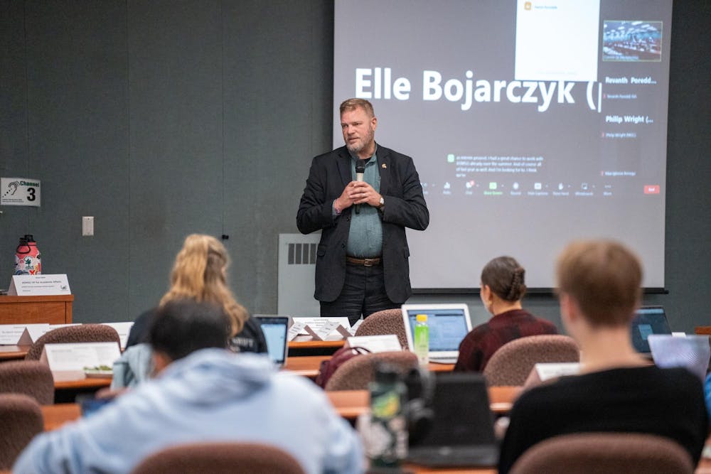 <p>Senior Associate Provost Thomas Jeitschko addresses ASMSU at their first meeting of the semester at the International Center on Sept. 7, 2023.</p>