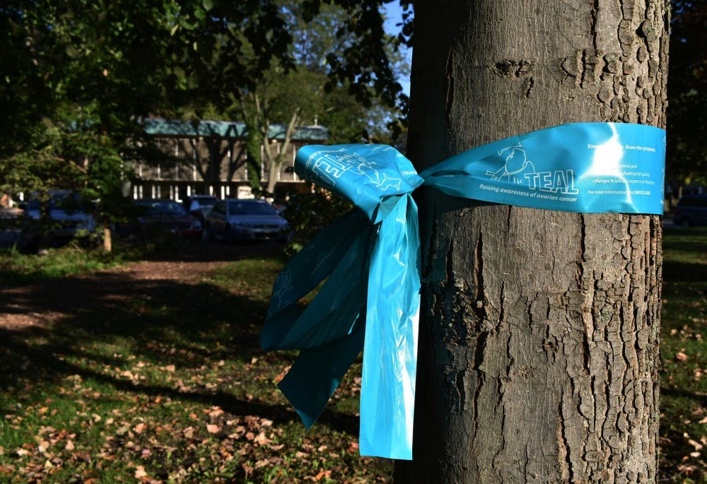 Teal ribbons were displayed on trees outside of the East Lansing Public Library prior to President Samuel Stanley Jr. speaking about sexual assault on Oct. 8.