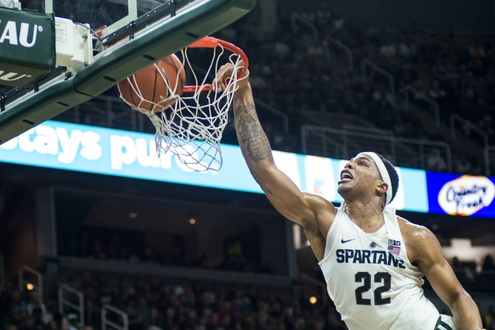 Freshman forward Miles Bridges (22) dunks the ball during the game against Mississippi Valley State on Nov. 18, 2016 at Breslin Center. 