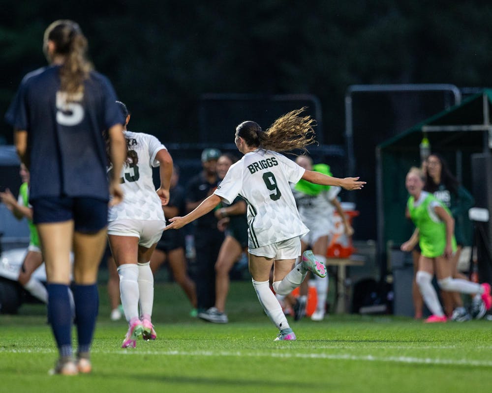 <p>Michigan State Sr. M, Kayla Briggs (9), scores a goal and goes to celebrate with her teammates in DeMartin Stadium in East Lansing, Mich., on Aug. 12, 2026.</p>