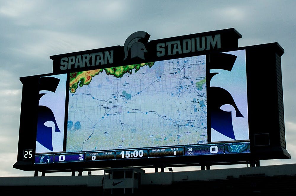 	<p>The scoreboard displayed a weather radar as evacuations were underway Sept. 7, 2013, at Spartan Stadium. Play began after a one hour delay. Khoa Nguyen/ The State News</p>