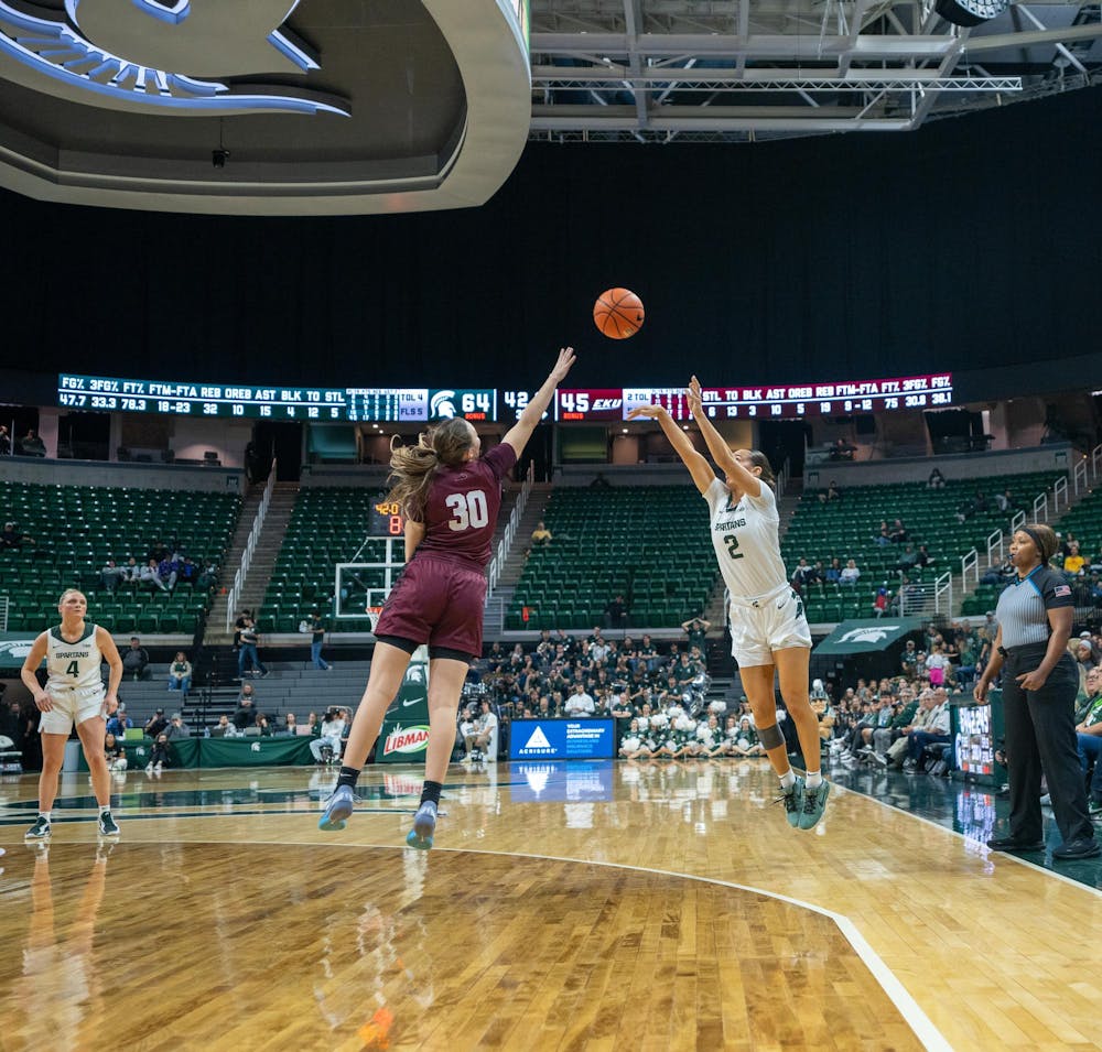 <p>MSU junior guard Abbey Kimball (2) shoots a three-pointer against Eastern Kentucky at the Breslin Center on Nov. 14, 2024.</p>