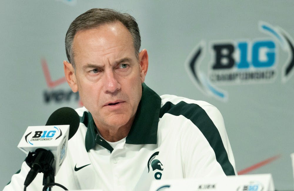 Head coach Mark Dantonio speaks to the media on Dec. 4, 2011 at the conclusion of Big Ten Championship game against Wisconsin at Lucas Oil Stadium in Indianapolis. Sate News File Photo