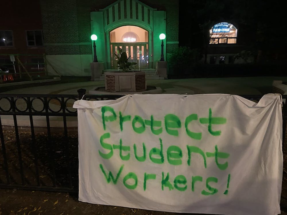 <p>Courtesy photo of a banner displaying the words &quot;protect student workers&quot; on campus Thursday, Sept. 24, provided by the Spartan Solidarity Network.</p>