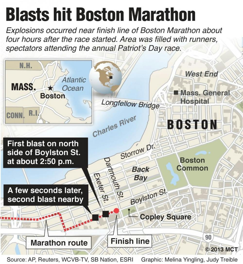 	<p>Map of downtown Boston locates the area near the Boston Marathon finish line where two explosions erupted about five hours after the race began.</p>