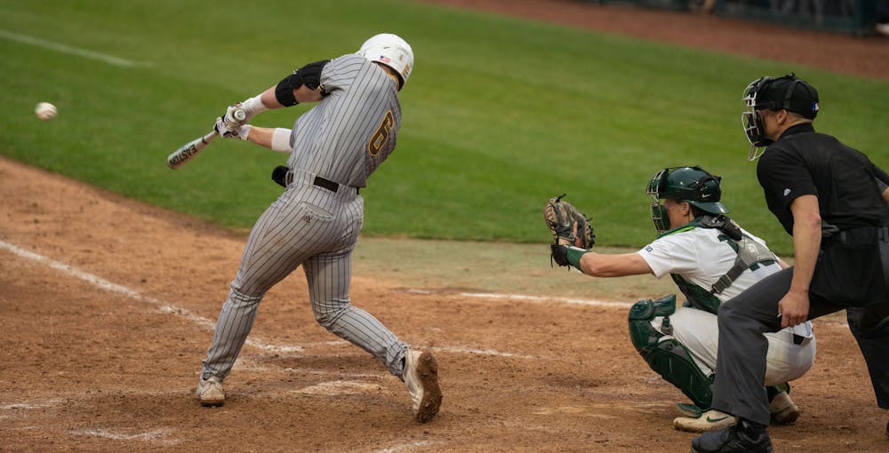 <p>Western Michigan hits another double during the game on April 13, 2022. MSU lost to Western 18-7.</p>