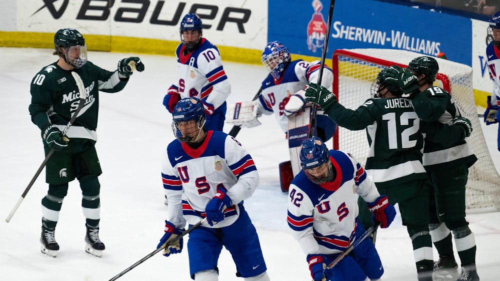 <p>Michigan State players celebrate a goal against the under-18 U.S. Men's National Team Development Program at USA Hockey Arena in Plymouth, Michigan on Nov. 21, 2024. In front of a sold out crowd, the Spartans captured a convincing 6-2 victory, showcasing why they deserve their ranking of number two in the nation.</p>