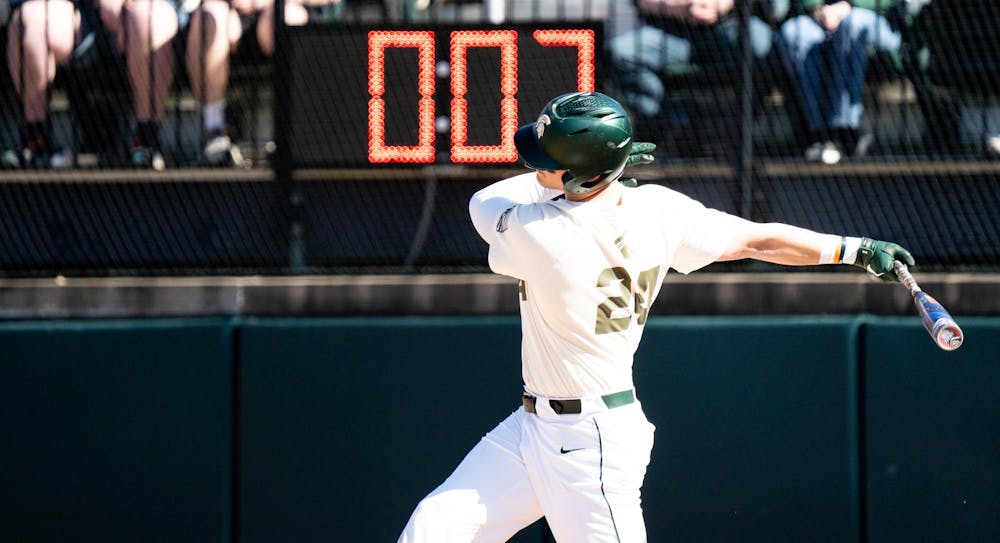 <p>Michigan State sophomore pitcher Josh Klug (20) prepares to swing at Jeff Ishbia Field on April 12, 2025</p>