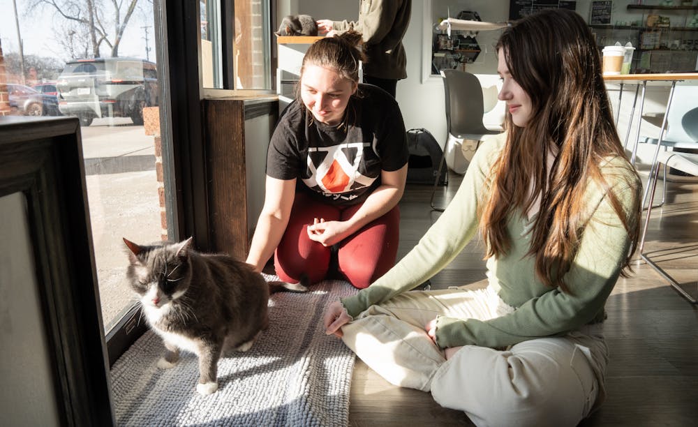 MSU students McKenzie Wilson (left) and Zoëy Potts visit with a cat named Earl Grey at Constellation Cat Cafe on Wednesday, March 15, 2023. The Cafe, located at 3320 E Lake Lansing Rd in East Lansing allows patrons to visit with a roomful of cats for an hour for $14 per person. The price includes a drink.