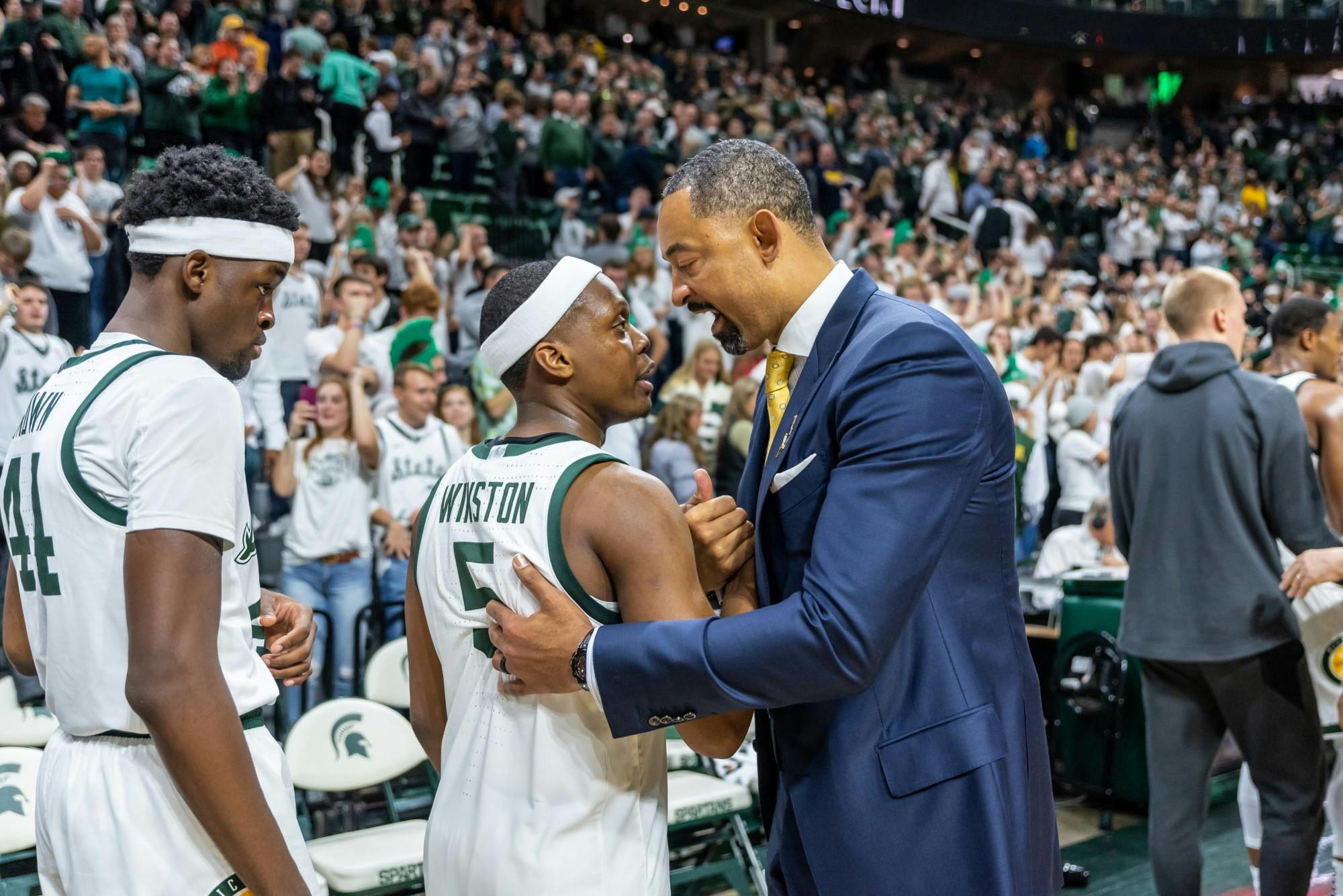 <p>Michigan coach Juwan Howard (right) congratulates senior guard Cassius Winston (5) after MSU defeated Michigan.The Spartans defeated Michigan, 87-69, at the Breslin Student Events Center on Jan. 5, 2020. </p>