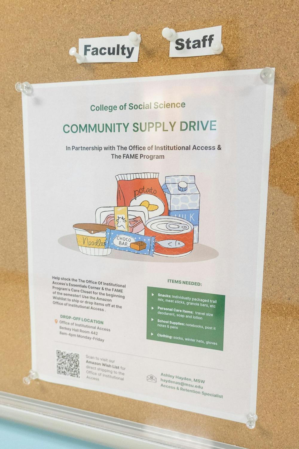 <p>A flyer posted in Berkey Hall lists wanted products for their “Thrive Space” on campus in East Lansing, Mich., on Wednesday, Sept. 9, 2026.</p>