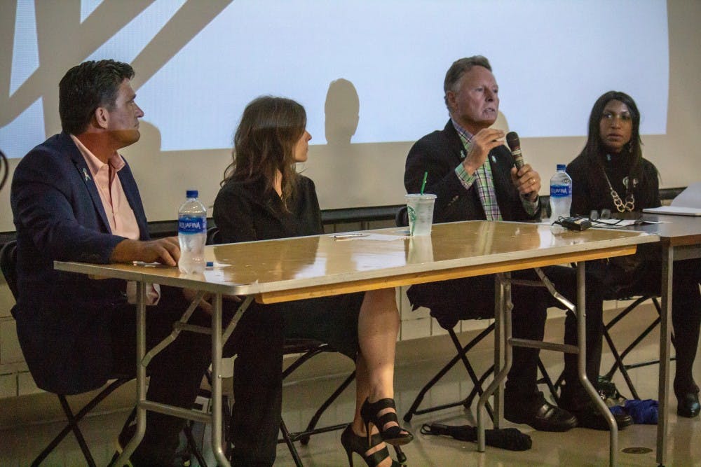 <p>The MSU Board of Trustees Candidate Forum at Wells Hall on Oct. 2, 2018. From left to right, Dave Dutch, Kelly Tebay, Mike Miller and Brianna Scott.</p>