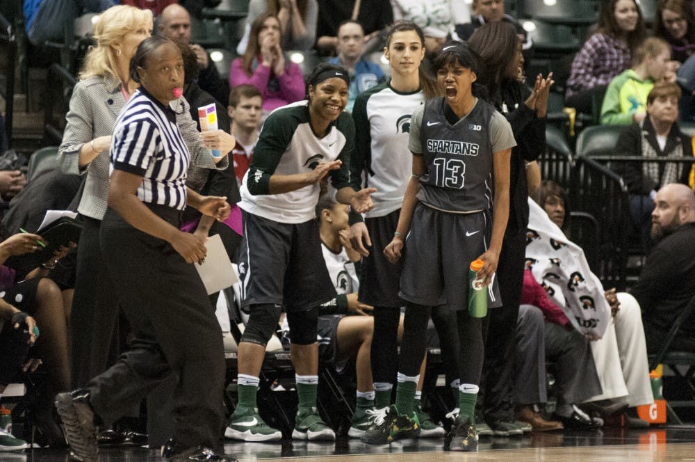 Sophomore guard Branndais Agee and sophomore guard Morgan Green celebrate during the women's basketball Big Ten Tournament semifinals game against Ohio State University on March 5, 2016 at Bankers Life Fieldhouse in Indianapolis. The Spartans defeated the Buckeyes, 82-63