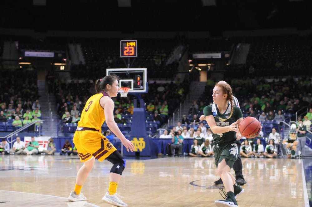 <p>Junior guard Taryn McCutcheon matches up against Central Michigan guard Presley Hudson</p>