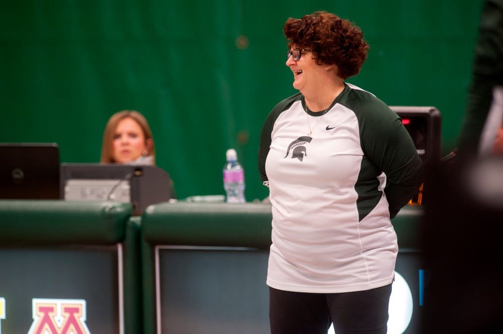 Head coach Kathie Klages reacts during the  MSU womens gymnastic's meet against Illinois on Feb. 19, 2016 at Jenison Field House.
