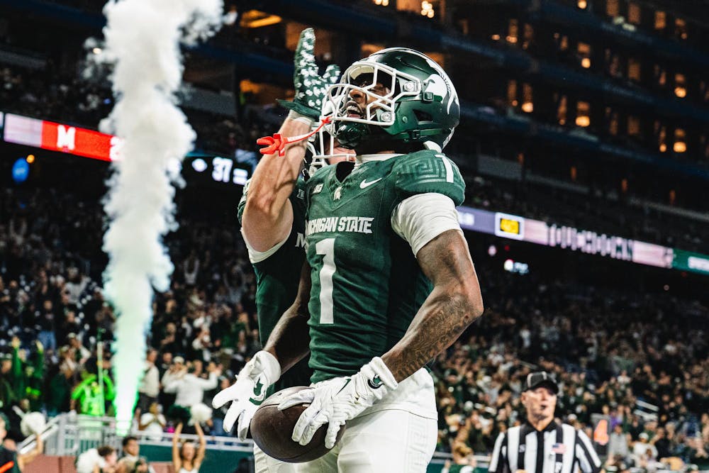 <p>MSU senior wide receiver Omari Kelly (1) celebrates after a touchdown at the Ford Field Stadium in Detroit, MI, on Nov. 29, 2025.</p>