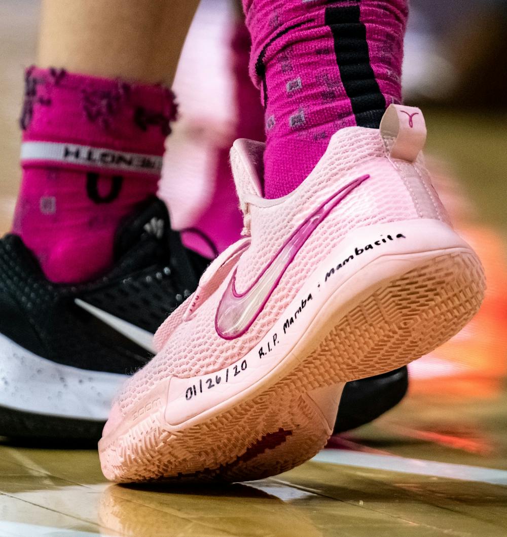 <p>Senior forward Nia Hollie&#x27;s (12) shoe photographed during a basketball game against Michigan on Feb. 23, 2020.</p>