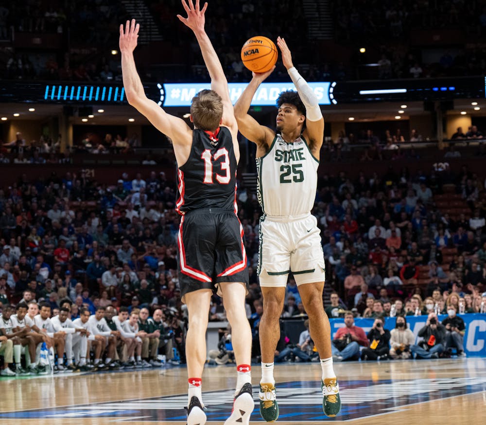 <p>Junior forward Malik Hall (25) attempts to shoot the ball during Michigan State&#x27;s win over the Davidson Wildcats on March 18, 2022.</p>