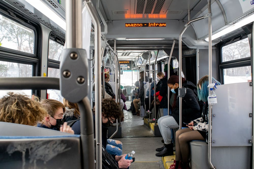 <p>MSU students crowd onto a bus on Feb. 15, 2022. CATA informed students that buses would now come around every 30 minutes instead of 10 due to labor shortages. </p>