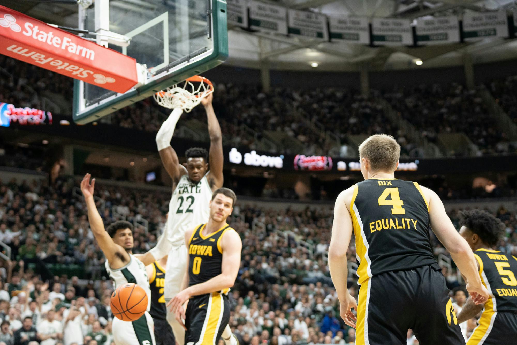 <p>Junior center Maddy Sissoko, dunking the ball at the Iowa v. MSU game held at the Breslin Center on January 26, 2023, The Spartans defeated the Hawkeyes 61-63.</p>