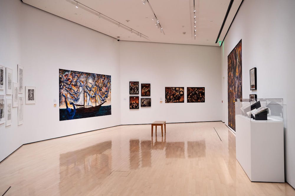 The Nabil Kanso: Echoes of War exhibit at the Eli and Edythe Broad Art Museum on April 2, 2025. The exhibit features the artist’s large-scale paintings exploring the impact of war and conflict and is on view from February 15 to June 29, 2025, highlighting Kanso’s works addressing historical events in the Middle East and beyond.