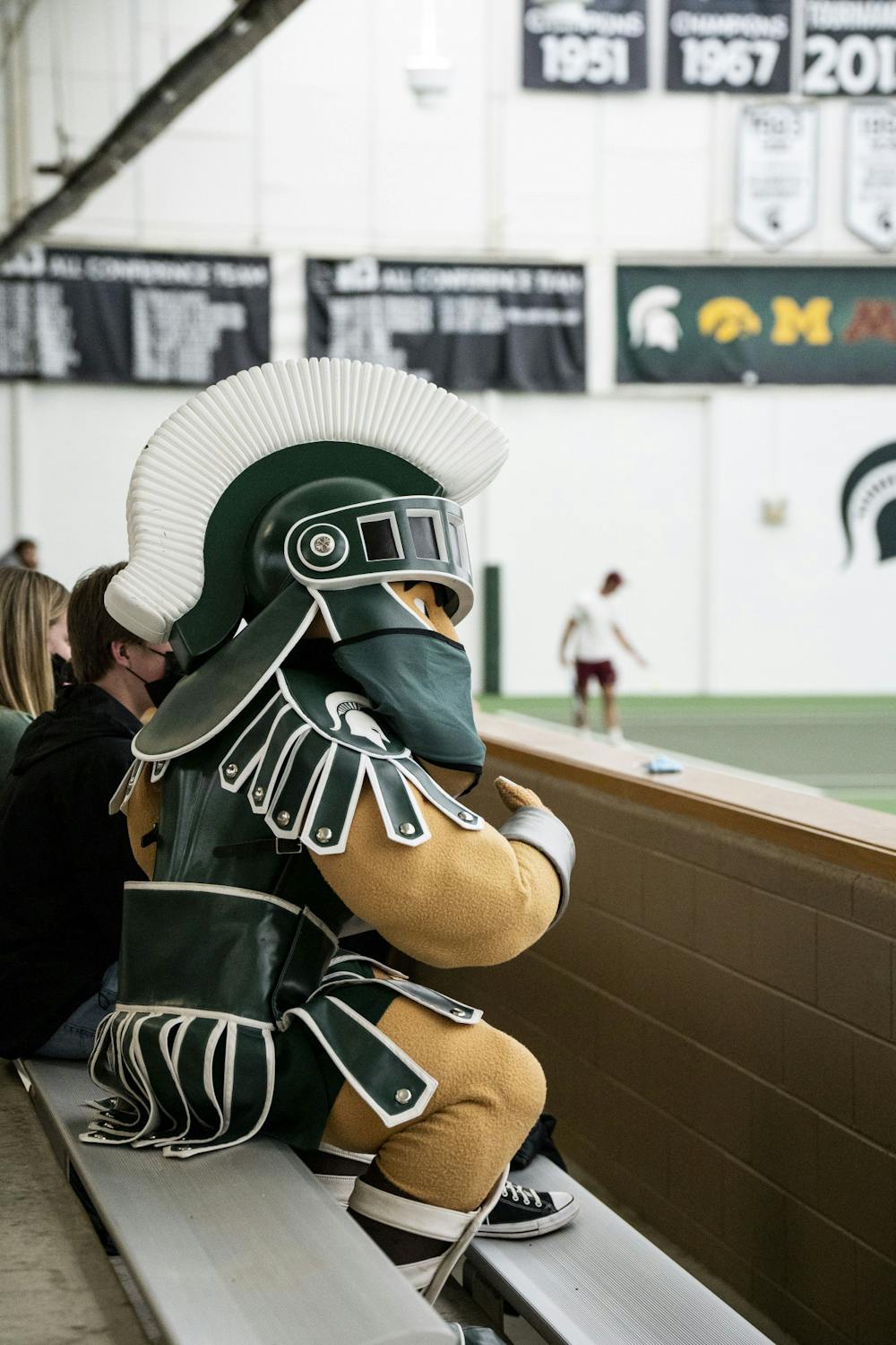 <p>Sparty spectating during the meet against Virginia Tech on Jan. 14, 2022, at the MSU Indoor Tennis Facility. The Spartans defeated the Hokies 4-3.</p>