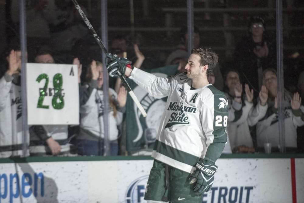 <p>Senior forward Thomas Ebbing (28) skates one last time around the rink after the game against Penn State on Feb. 25, 2017 at Munn Ice Arena. The Spartans were defeated by the Nittany Lions, 4-1.</p>