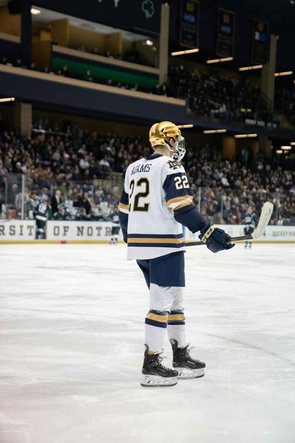 <p>Notre Dame graduate student forward Jack Adams prepares for a faceoff at Compton Family Ice Arena in Notre Dame, IN on Friday, March 3, 2023. Adams recorded an assist on the Fighting Irish's game-winning-goal, scored by Notre Dame junior forward Grant Silianoff.</p>