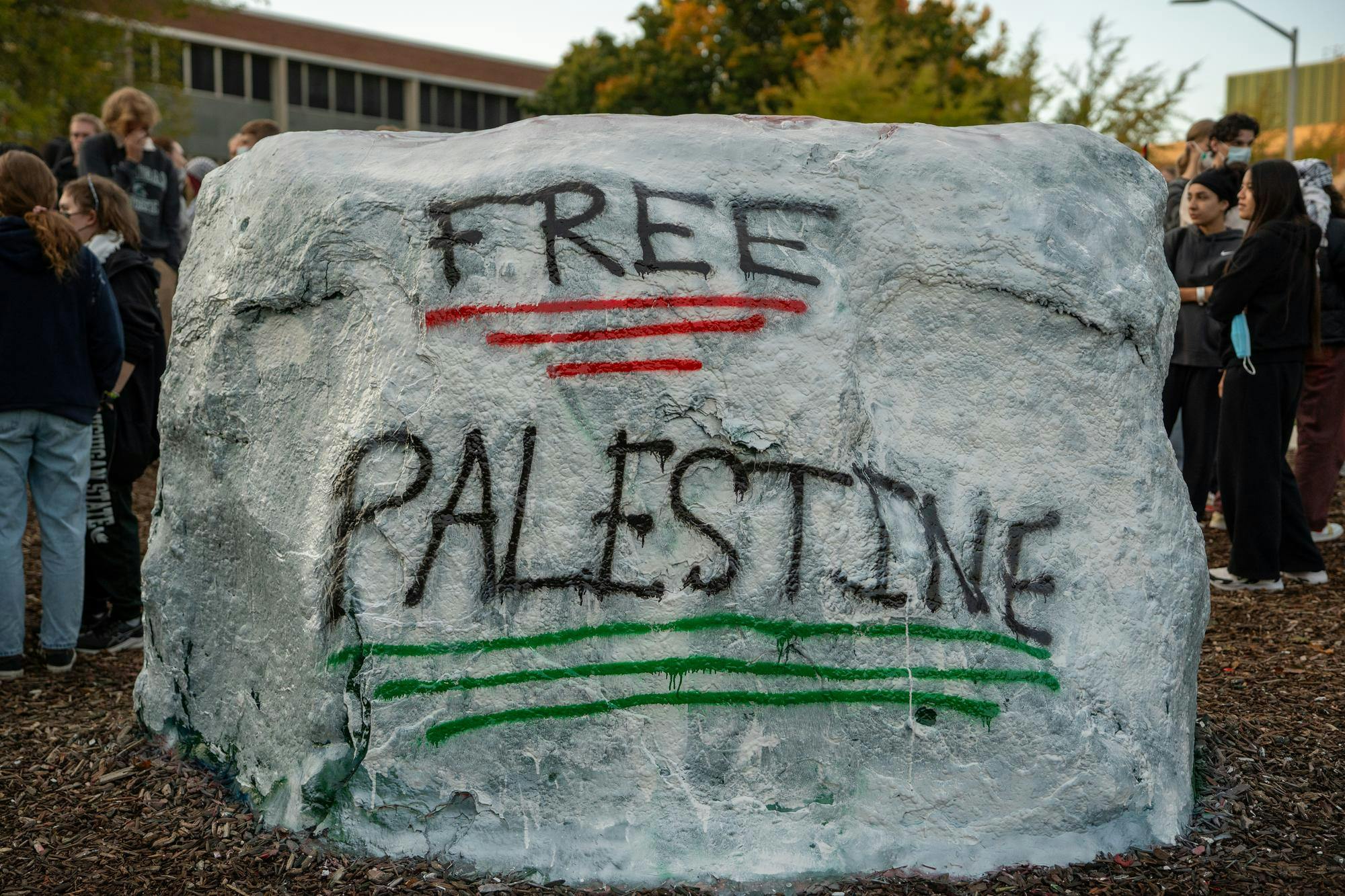 <p>The Rock at MSU during a Students for Justice in Palestine remembrance event in East Lansing, Michigan on Tuesday, Oct. 7, 2025.</p>