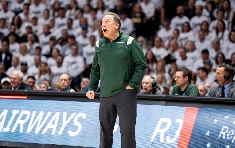 <p>MSU's head coach Tom Izzo yells at his team during a game against Purdue at Mackey Arena on Jan. 29, 2023. The Spartans lost to the Boilermakers 77-61.</p>