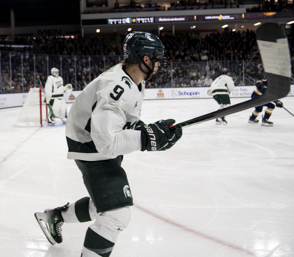 <p>Michigan State University junior defenseman Matt Basgall (9) watches for the puck against Notre Dame at Munn Ice Arena on Nov. 16, 2024. MSU defeated Notre Dame 4-3.</p>