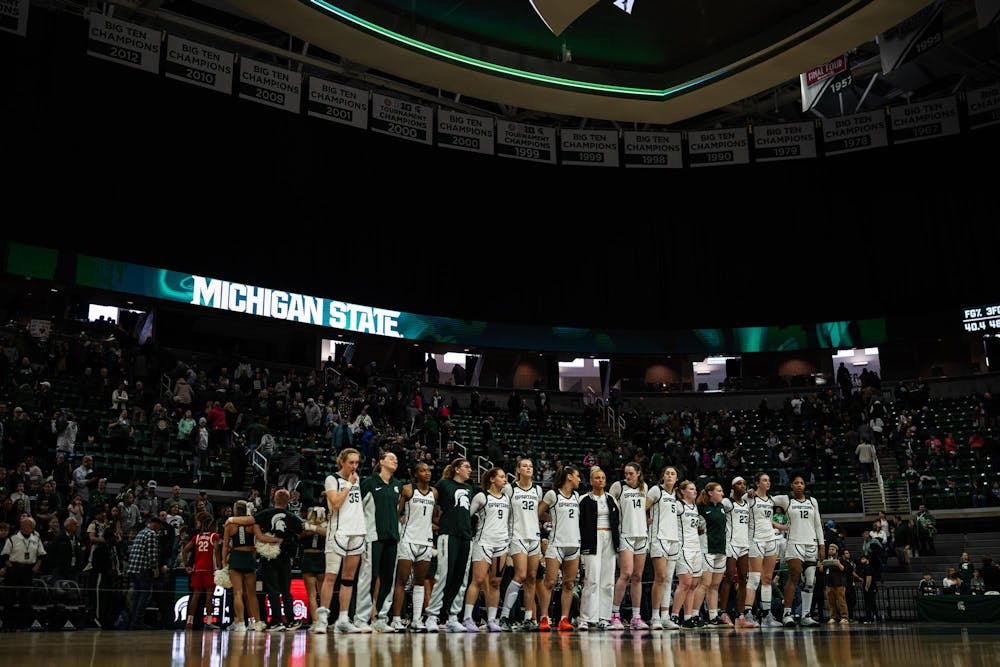 <p>Michigan State University women's basketball team gathers after a defeat against Ohio State University at the Breslin Center in East Lansing, Michigan, on Sunday, March 1, 2026.</p>