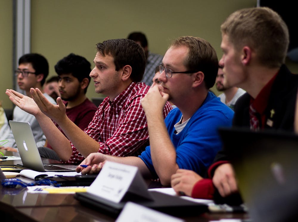 <p>&nbsp;Media and information senior Christopher Gustafson makes a point to the general assembly during an ASMSU meeting on Oct. 5, 2017 at Student Services. The meeting concluded by passing Bill 54-06 which aims to support sexual assault victims in the MSU community by a vote of 39-2-0.&nbsp;</p>