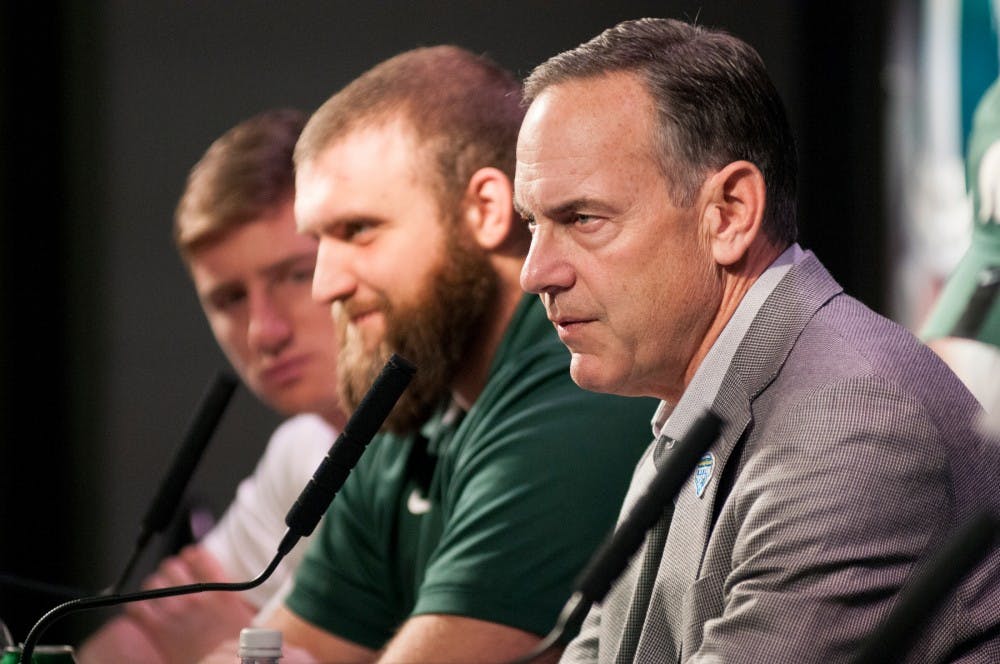 Head coach Mark Dantonio speaks to the press during a football press conference on Dec. 6, 2015 at Spartan Stadium. Senior quarterback Connor Cook, senior center Jack Allen, senior defensive end Shilique Calhoun and senior linebacker Darien Harris also spoke at the press conference. The press conference spoke about their success as a team and talk about their future plans as they prepare for the Cotton Bowl.