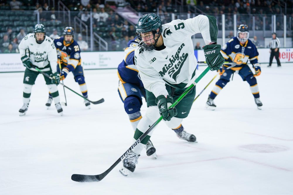 Freshman defender Artyom Levshunov (5) during a game against Canisius at Munn Ice Arena on Oct. 19, 2023. The Spartans beat the Griffins 6-3 in one of a two-game series.