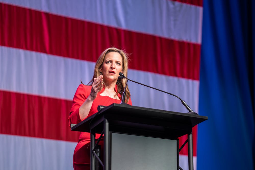 <p>Secretary of State Jocelyn Benson speaks at the Michigan Democratic Party Spring Endorsement Convention on April 9, 2022.</p>